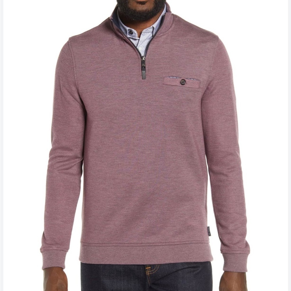 Ted Baker London Mens Curbing Slim Fit Quarter Zip Pullover Mauve Sz 5 XL